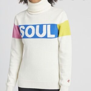 Perfect Moment Cream Turtleneck Sweater with Blue 'SOUL' Panel